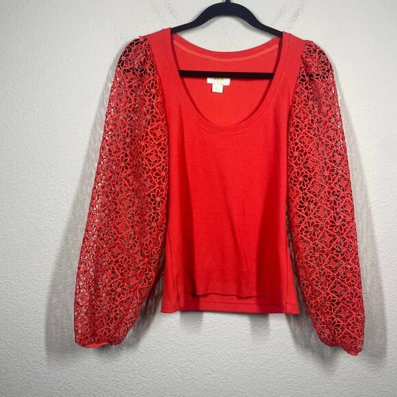 Maeve Small Lace Crochet Sleeve Top Red Cotton Blend Rib Scoop Neck - Picture 2 of 11